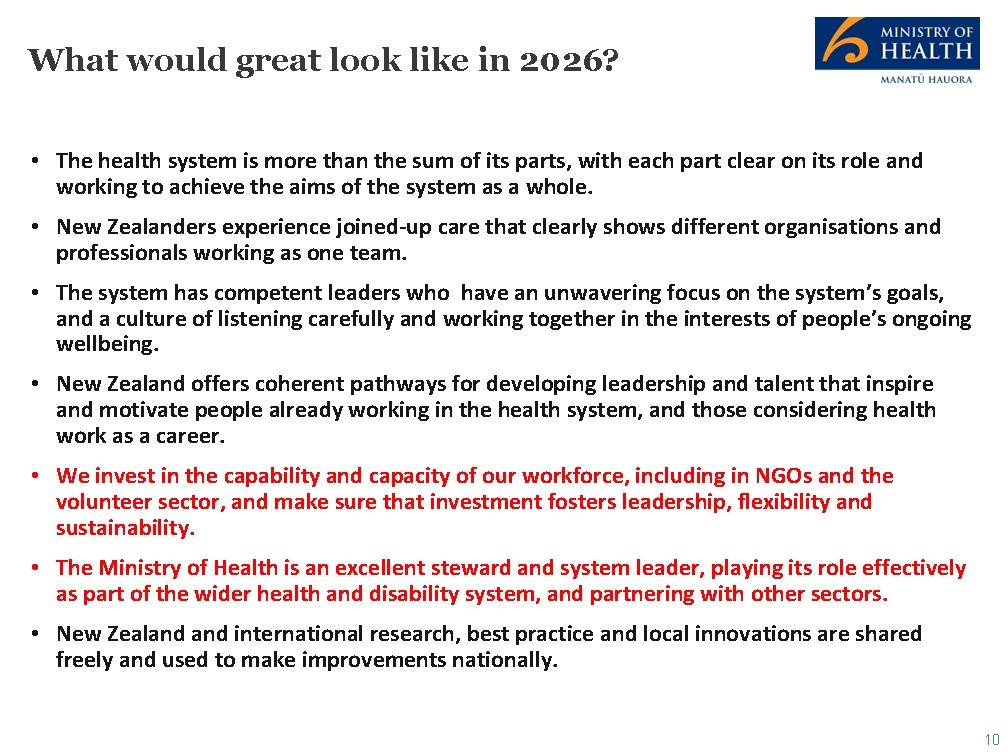 What would great look like in 2026? • The health system is more than
