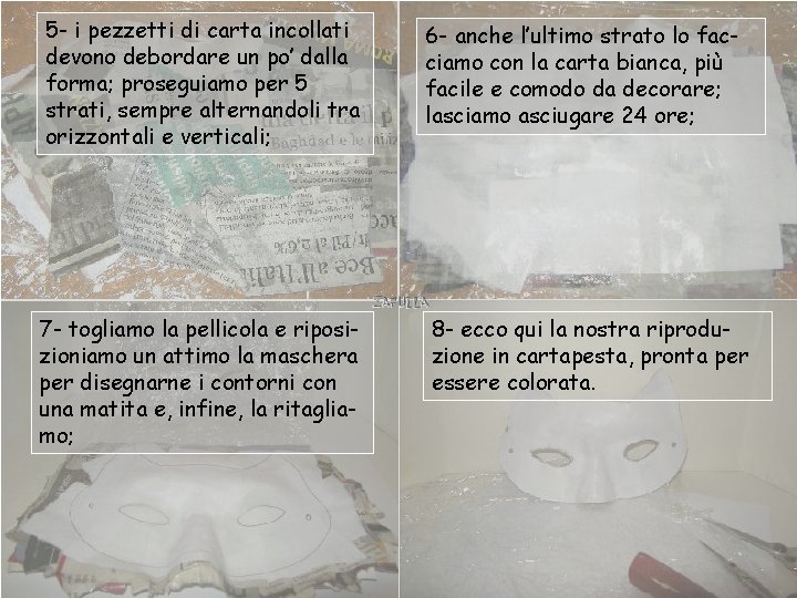 5 - i pezzetti di carta incollati devono debordare un po’ dalla forma; proseguiamo