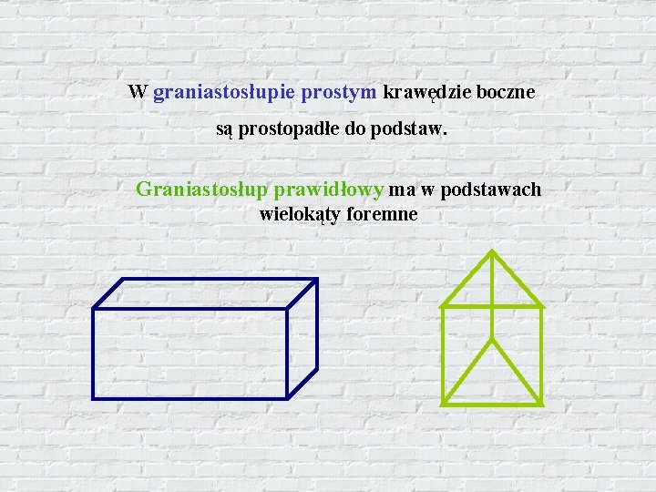 W graniastosłupie prostym krawędzie boczne są prostopadłe do podstaw. Graniastosłup prawidłowy ma w podstawach