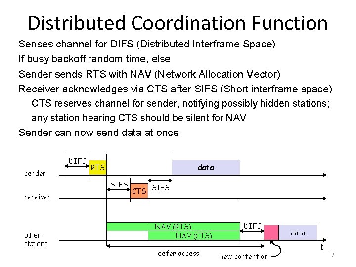 Distributed Coordination Function Senses channel for DIFS (Distributed Interframe Space) If busy backoff random