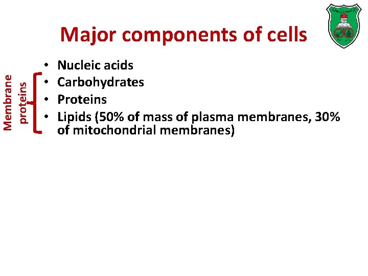 Membrane proteins Major components of cells • • Nucleic acids Carbohydrates Proteins Lipids (50%