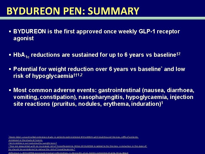 BYDUREON PEN: SUMMARY § BYDUREON is the first approved once weekly GLP-1 receptor agonist
