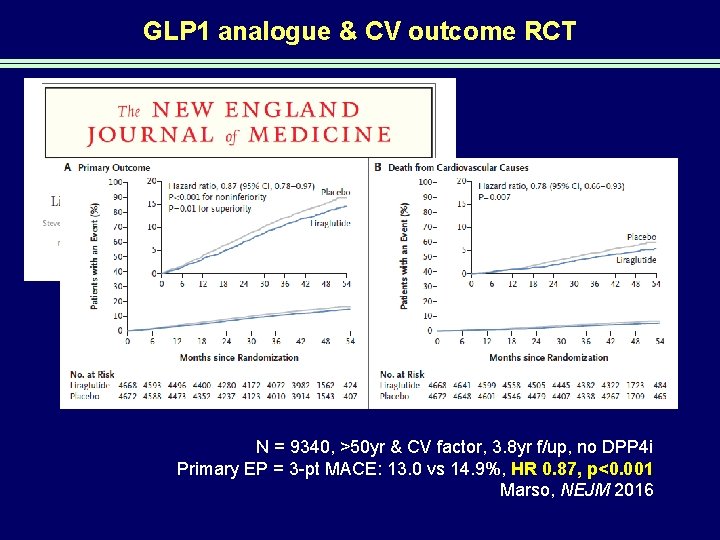GLP 1 analogue & CV outcome RCT N = 9340, >50 yr & CV