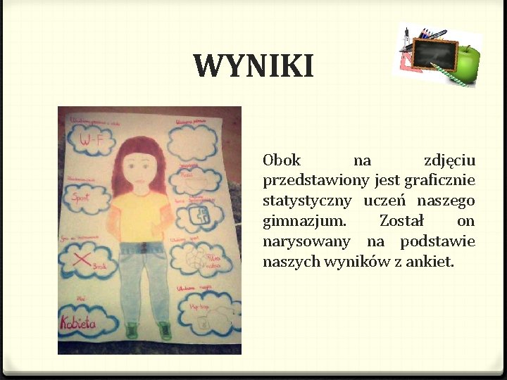 WYNIKI Obok na zdjęciu przedstawiony jest graficznie statystyczny uczeń naszego gimnazjum. Został on narysowany