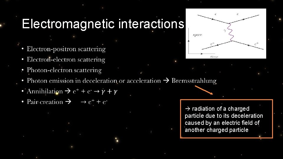 Electromagnetic interactions: • radiation of a charged particle due to its deceleration caused by