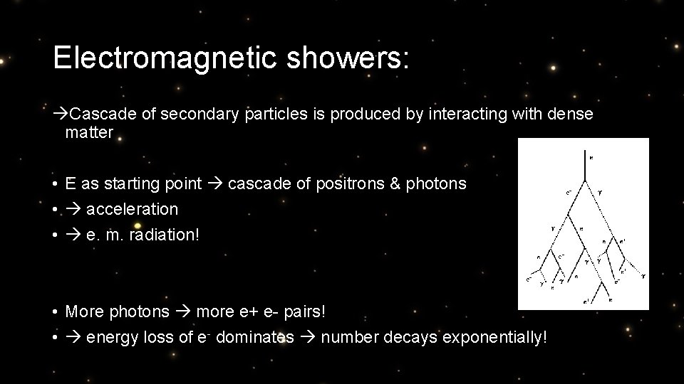 Electromagnetic showers: Cascade of secondary particles is produced by interacting with dense matter •