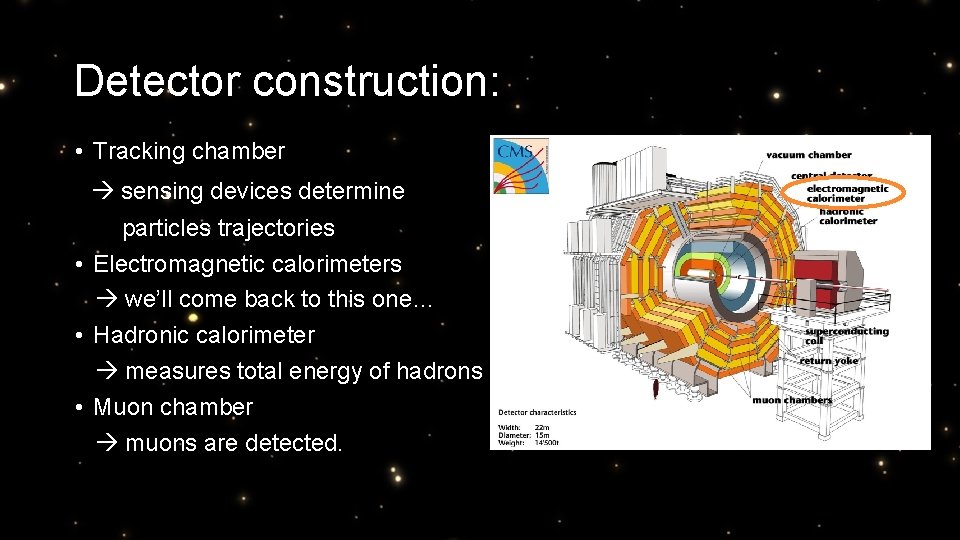 Detector construction: • Tracking chamber sensing devices determine particles trajectories • Electromagnetic calorimeters we’ll