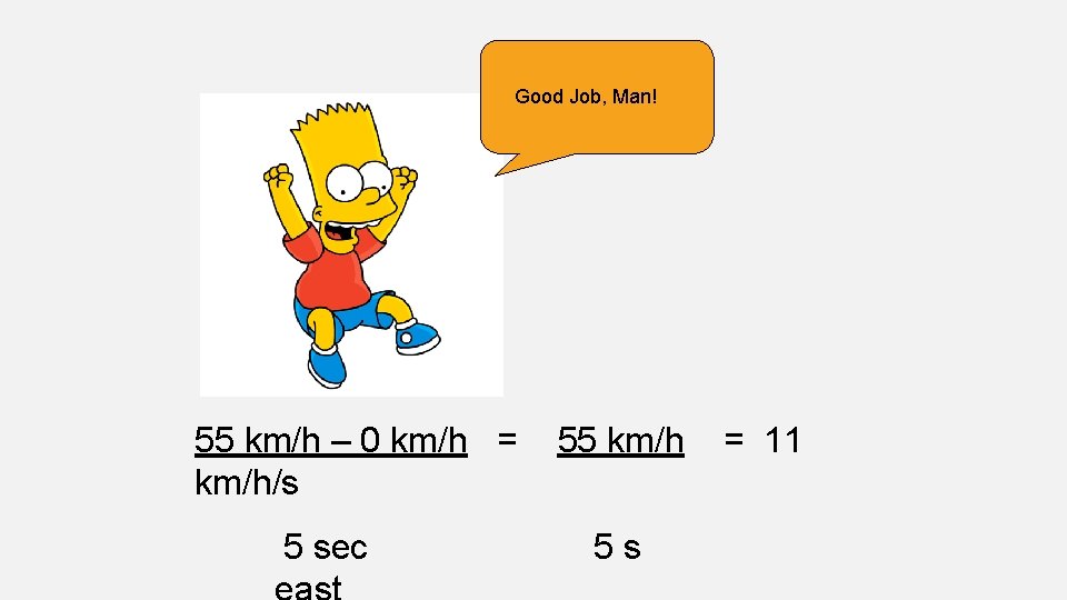 Good Job, Man! 55 km/h – 0 km/h = 55 km/h = 11 km/h/s