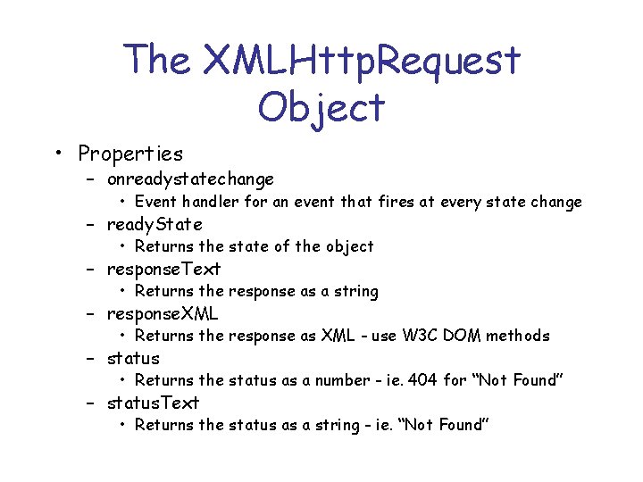 The XMLHttp. Request Object • Properties – onreadystatechange • Event handler for an event