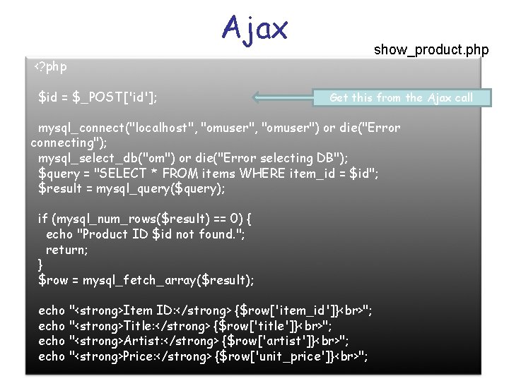 Ajax show_product. php <? php $id = $_POST['id']; Get this from the Ajax call