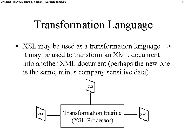 Copyright (c) [2000]. Roger L. Costello. All Rights Reserved. 3 Transformation Language • XSL