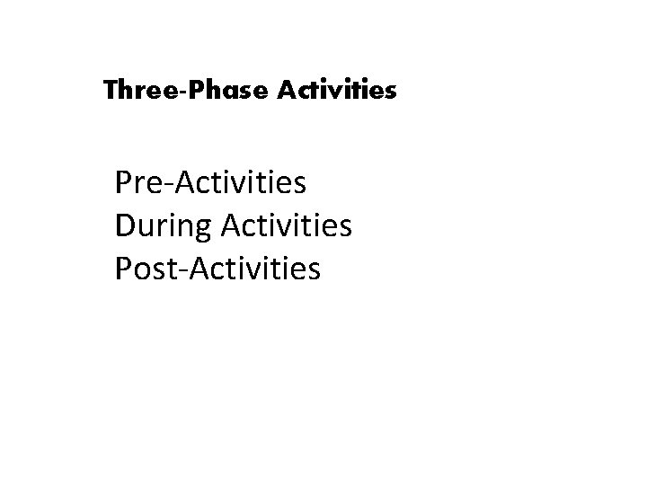 Three-Phase Activities Pre-Activities During Activities Post-Activities 