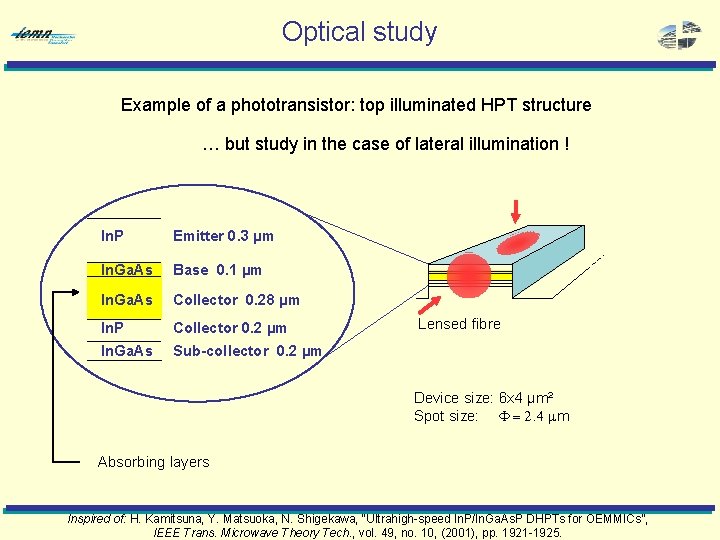 Optical study Example of a phototransistor: top illuminated HPT structure … but study in