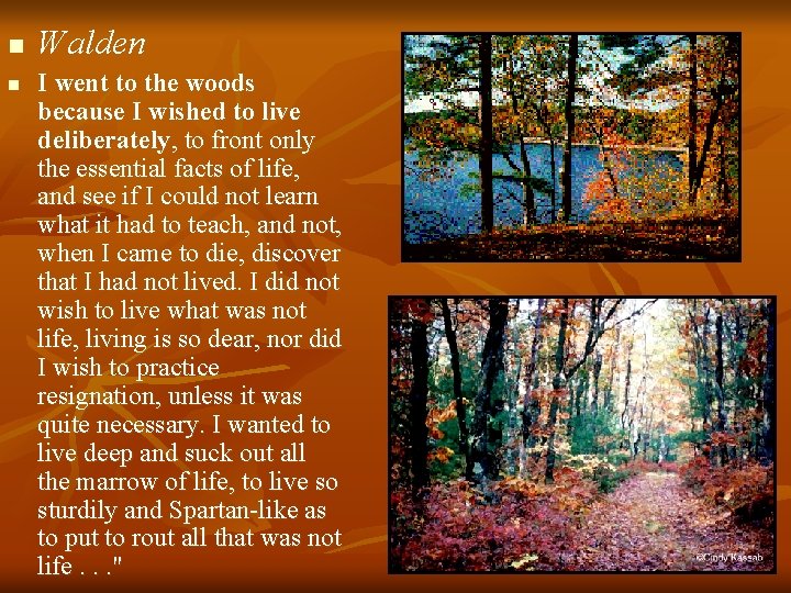 n n Walden I went to the woods because I wished to live deliberately,