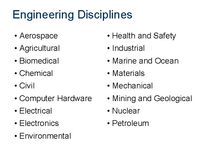 Engineering Disciplines • Aerospace • Health and Safety • Agricultural • Industrial • Biomedical