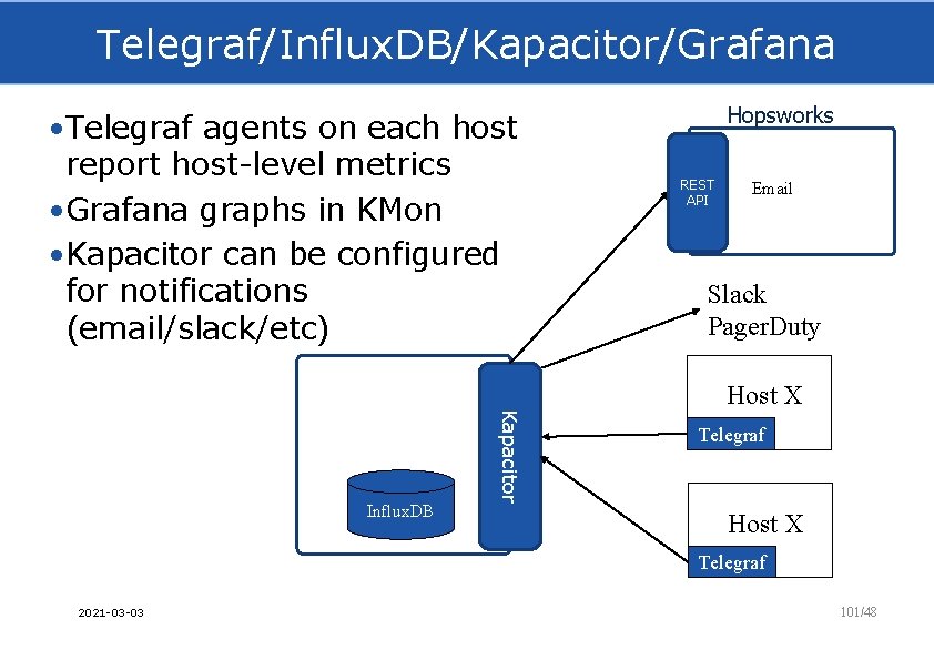 Telegraf/Influx. DB/Kapacitor/Grafana • Telegraf agents on each host report host-level metrics • Grafana graphs