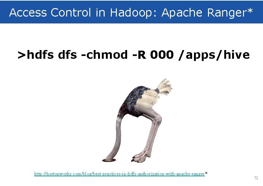 Access Control in Hadoop: Apache Ranger* >hdfs -chmod -R 000 /apps/hive http: //hortonworks. com/blog/best-practices-in-hdfs-authorization-with-apache-ranger*
