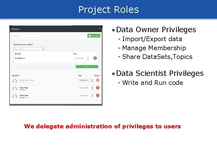 Project Roles Data Owner Privileges - Import/Export data - Manage Membership - Share Data.