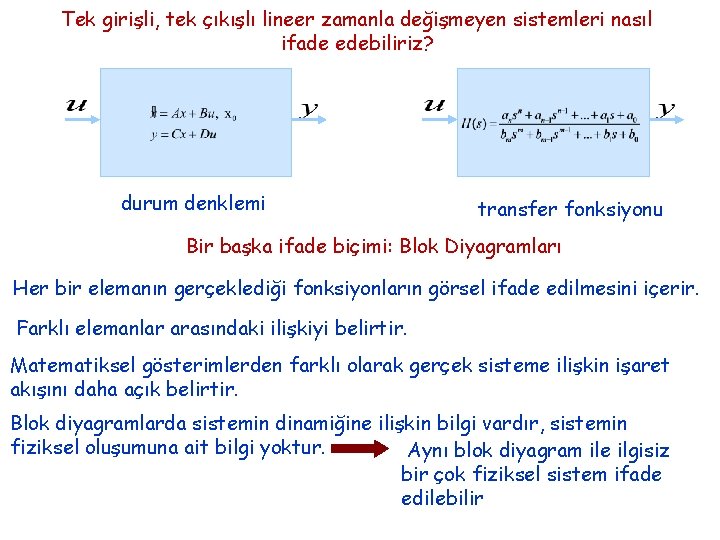 Tek girişli, tek çıkışlı lineer zamanla değişmeyen sistemleri nasıl ifade edebiliriz? durum denklemi transfer Tek girişli, tek çıkışlı lineer zamanla değişmeyen sistemleri nasıl ifade edebiliriz? durum denklemi transfer