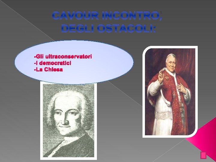 CAVOUR INCONTRO’ DEGLI OSTACOLI: -Gli ultraconservatori -I democratici -La Chiesa 