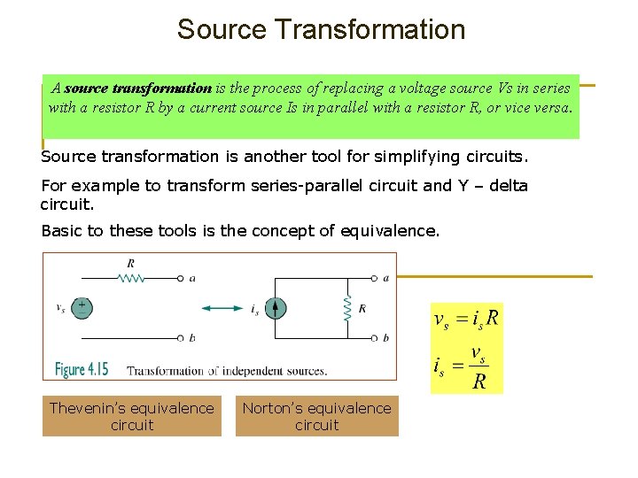 Source Transformation A source transformation is the process of replacing a voltage source Vs