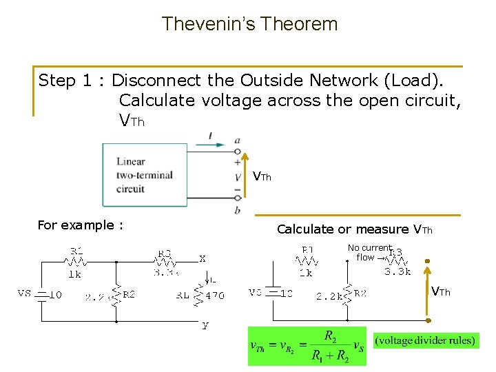 Thevenin’s Theorem Step 1 : Disconnect the Outside Network (Load). Calculate voltage across the