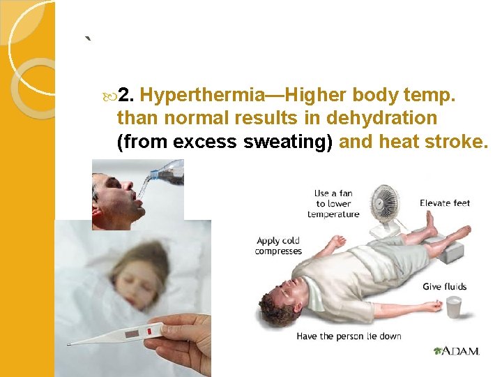 ` 2. Hyperthermia—Higher body temp. than normal results in dehydration (from excess sweating) and