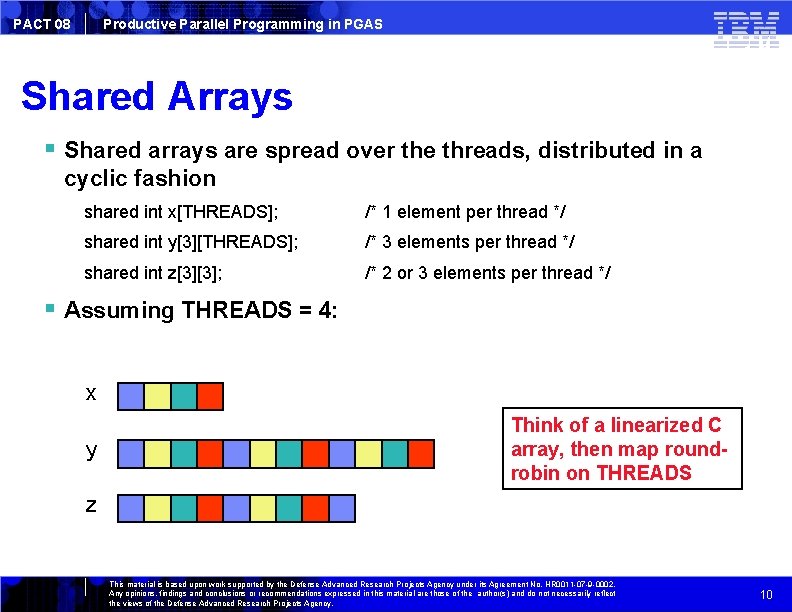 PACT 08 Productive Parallel Programming in PGAS Shared Arrays Shared arrays are spread over