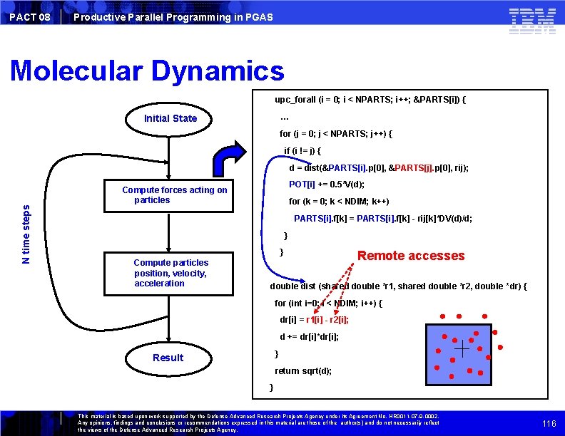 PACT 08 Productive Parallel Programming in PGAS Molecular Dynamics upc_forall (i = 0; i