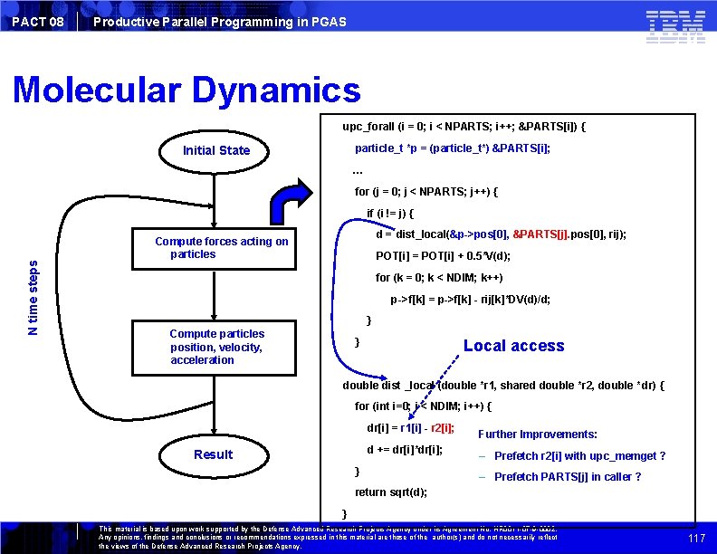 PACT 08 Productive Parallel Programming in PGAS Molecular Dynamics upc_forall (i = 0; i