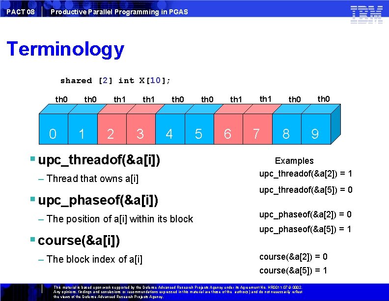 PACT 08 Productive Parallel Programming in PGAS Terminology shared [2] int X[10]; th 0