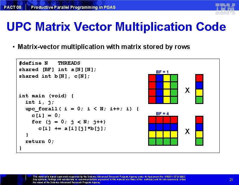 PACT 08 Productive Parallel Programming in PGAS UPC Matrix Vector Multiplication Code • Matrix-vector