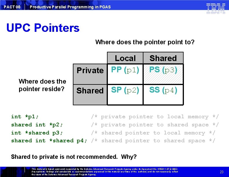 PACT 08 Productive Parallel Programming in PGAS UPC Pointers Where does the pointer point