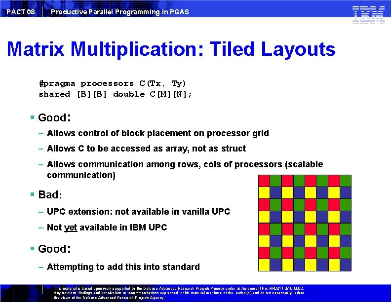 PACT 08 Productive Parallel Programming in PGAS Matrix Multiplication: Tiled Layouts #pragma processors C(Tx,