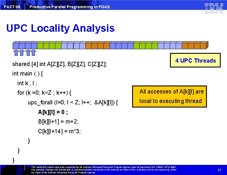 PACT 08 Productive Parallel Programming in PGAS UPC Locality Analysis shared [4] int A[Z][Z],