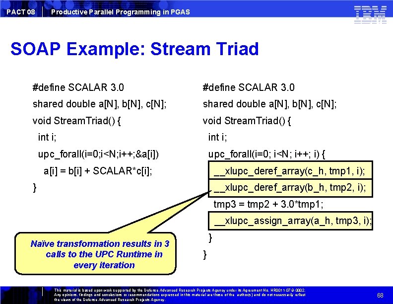 PACT 08 Productive Parallel Programming in PGAS SOAP Example: Stream Triad #define SCALAR 3.