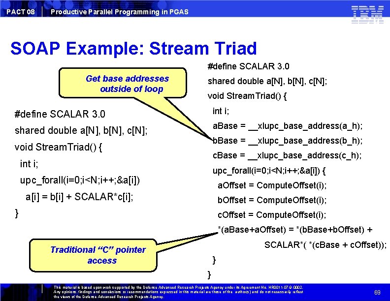 PACT 08 Productive Parallel Programming in PGAS SOAP Example: Stream Triad #define SCALAR 3.