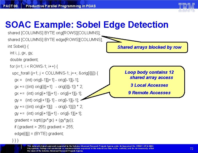 PACT 08 Productive Parallel Programming in PGAS SOAC Example: Sobel Edge Detection shared [COLUMNS]