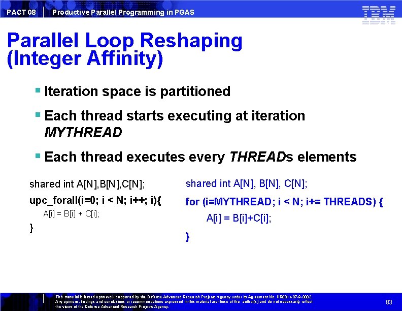 PACT 08 Productive Parallel Programming in PGAS Parallel Loop Reshaping (Integer Affinity) Iteration space