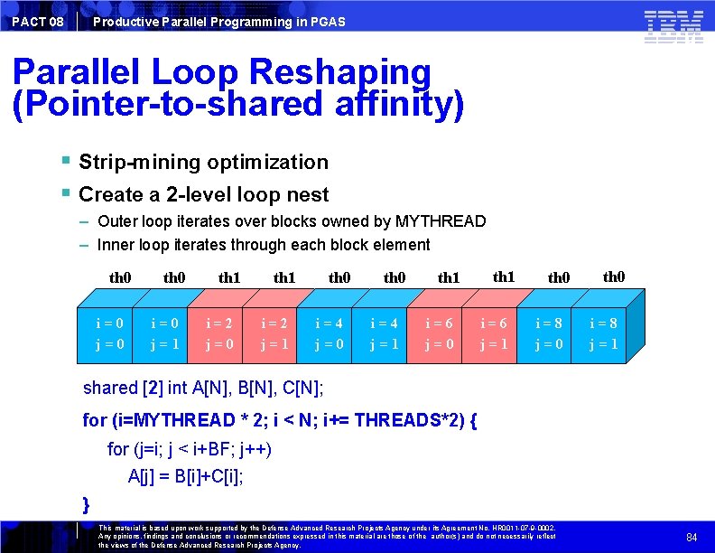 PACT 08 Productive Parallel Programming in PGAS Parallel Loop Reshaping (Pointer-to-shared affinity) Strip-mining optimization