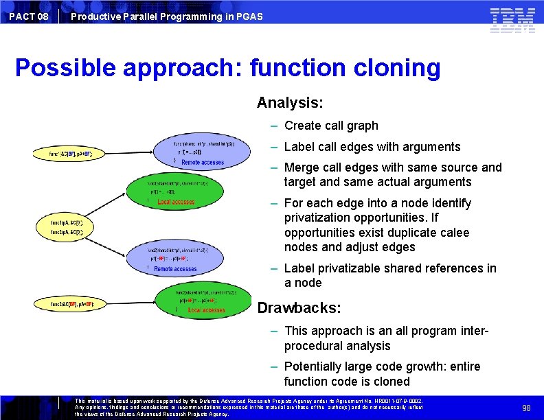 PACT 08 Productive Parallel Programming in PGAS Possible approach: function cloning Analysis: – Create