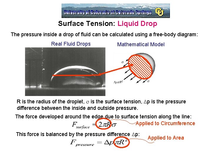Surface Tension: Liquid Drop The pressure inside a drop of fluid can be calculated