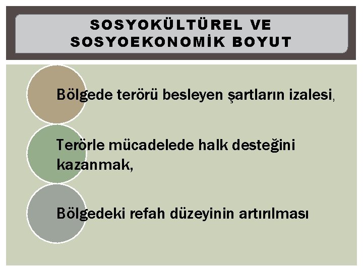 SOSYOKÜLTÜREL VE SOSYOEKONOMİK BOYUT Bölgede terörü besleyen şartların izalesi, Terörle mücadelede halk desteğini kazanmak,