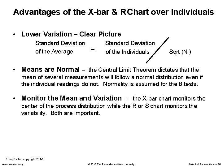 Advantages of the X-bar & R Chart over Individuals • Lower Variation – Clear