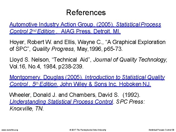 References Automotive Industry Action Group, (2005). Statistical Process Control 2 nd Edition. AIAG Press,