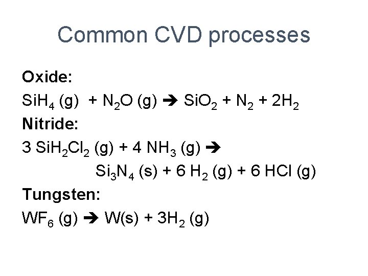 Common CVD processes Oxide: Si. H 4 (g) + N 2 O (g) Si.
