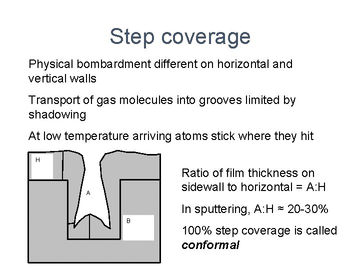 Step coverage Physical bombardment different on horizontal and vertical walls Transport of gas molecules