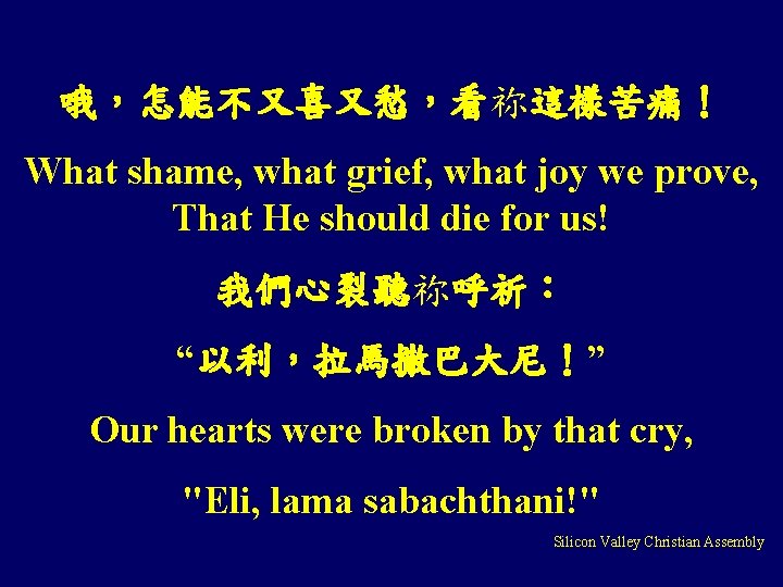 哦，怎能不又喜又愁，看祢這樣苦痛！ What shame, what grief, what joy we prove, That He should die for