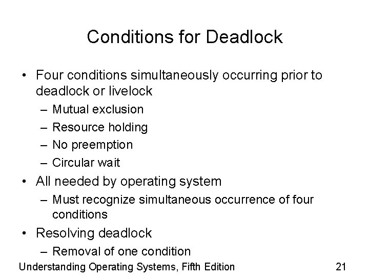 Conditions for Deadlock • Four conditions simultaneously occurring prior to deadlock or livelock –