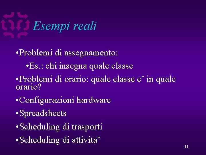 Esempi reali • Problemi di assegnamento: • Es. : chi insegna quale classe •